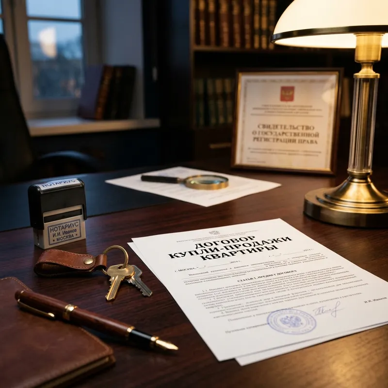 Договор купли-продажи квартиры с нотариальной печатью и ключами на столе юриста